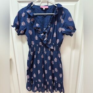 Preppy Girl Palm Beach blue floral Ruffled Short Sleeve Dress
